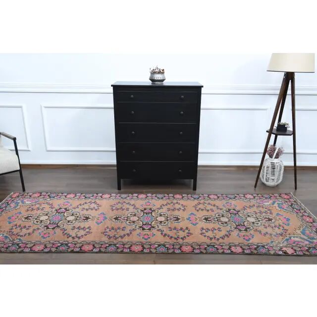 1970s Vintage Turkish Oushak Handmade Wool Cotton Pink Runner Rug 103x302