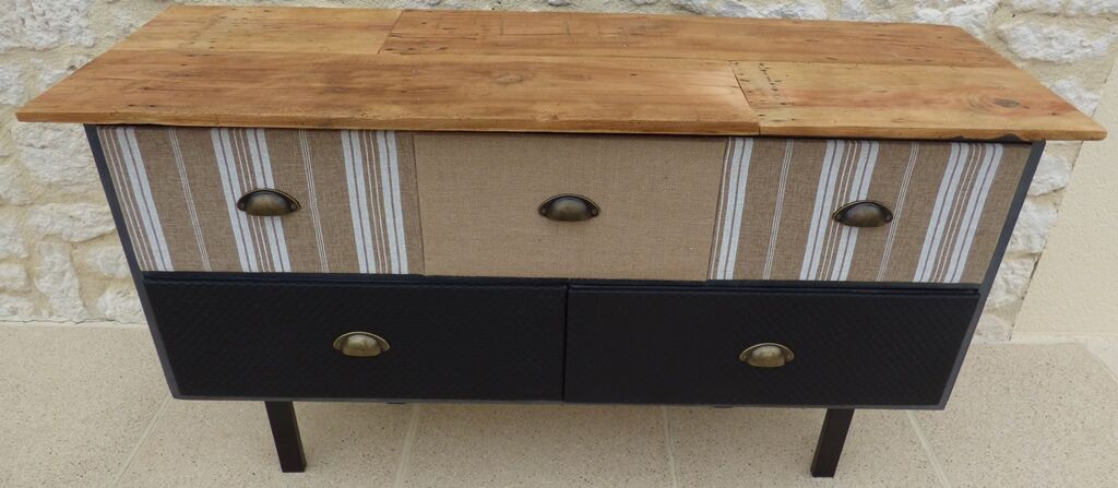 Console with raw wood top and 5 drawers in burlap and imitation leather