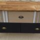 Console with raw wood top and 5 drawers in burlap and imitation leather