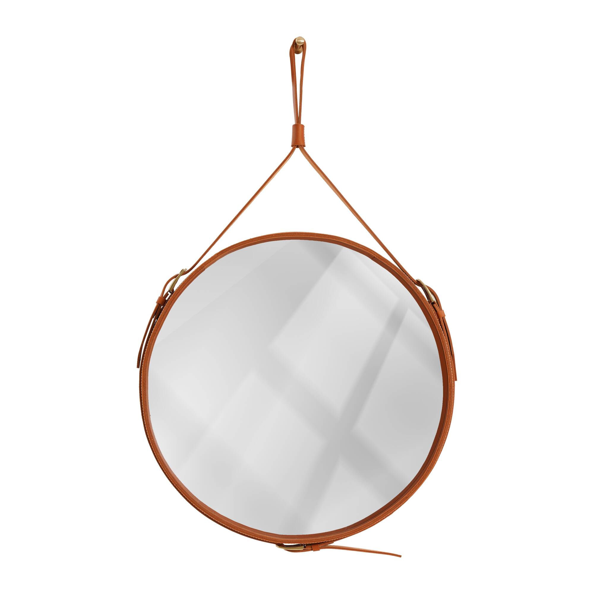 Handmade mirror in J. Adnet style, made of vegetable-tanned leather in tan colour, ø 45 cm.