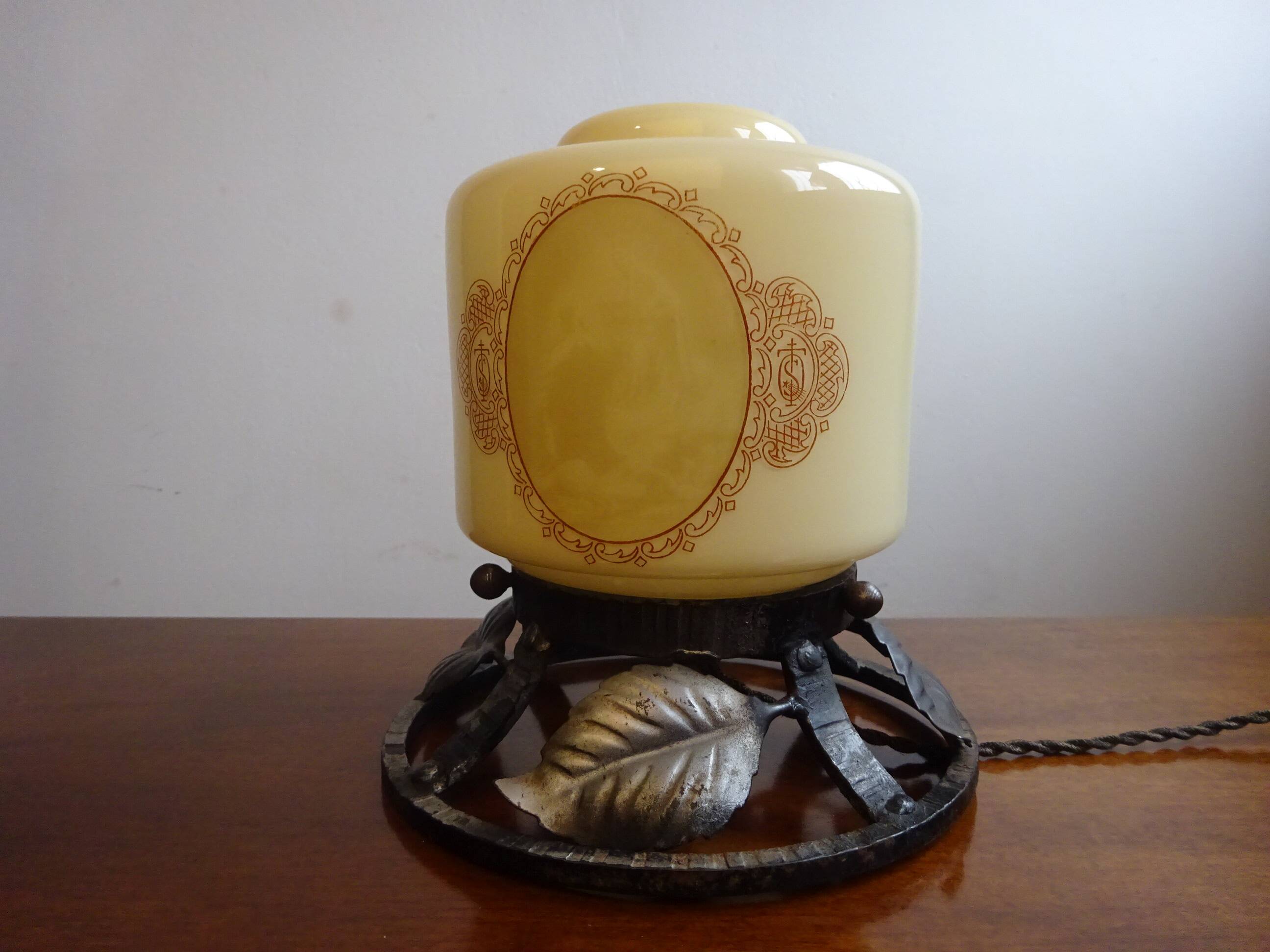 Old wrought iron and opaline night light lamp