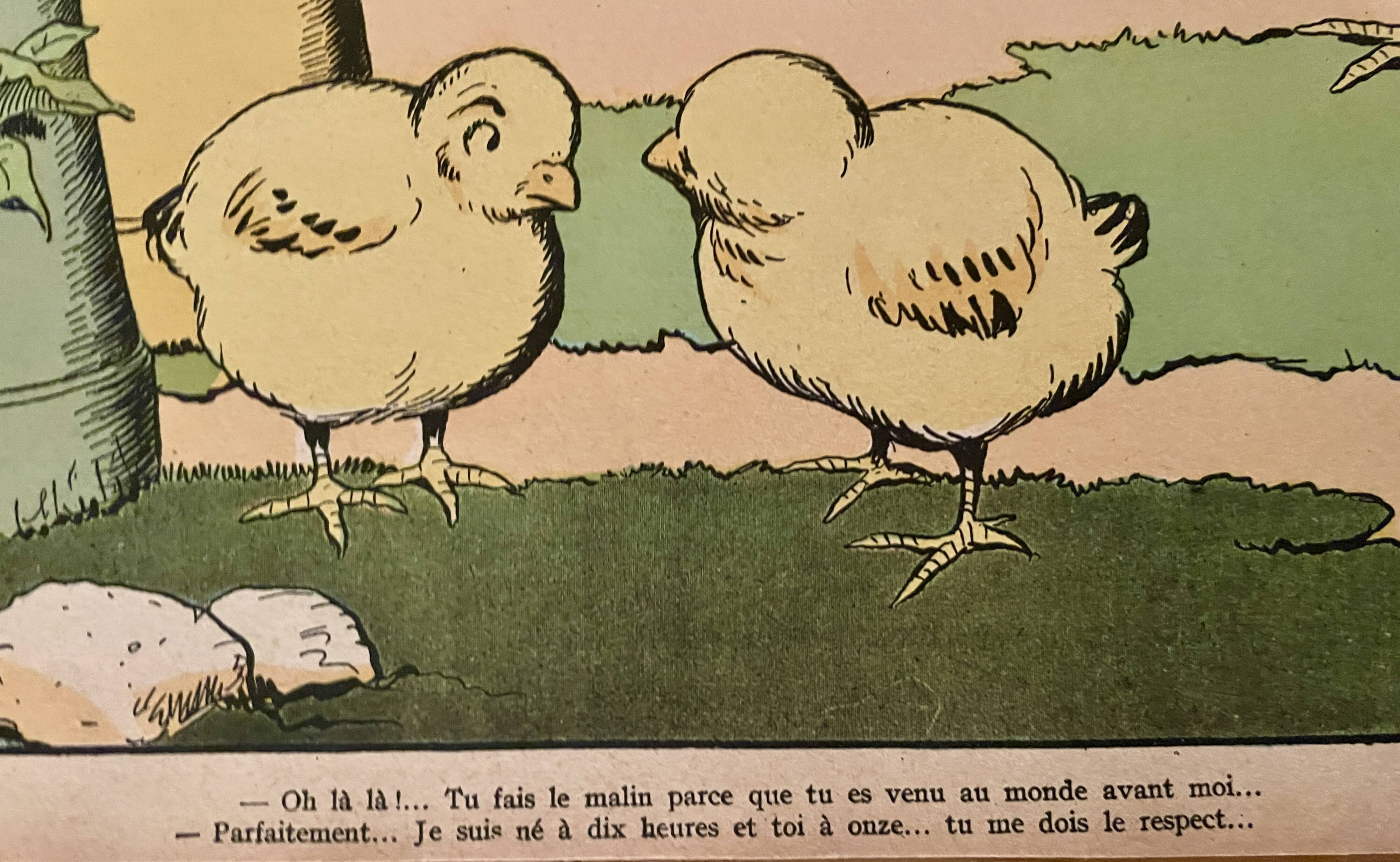 Old humorous satirical illustration of animals (chicks) - 1930