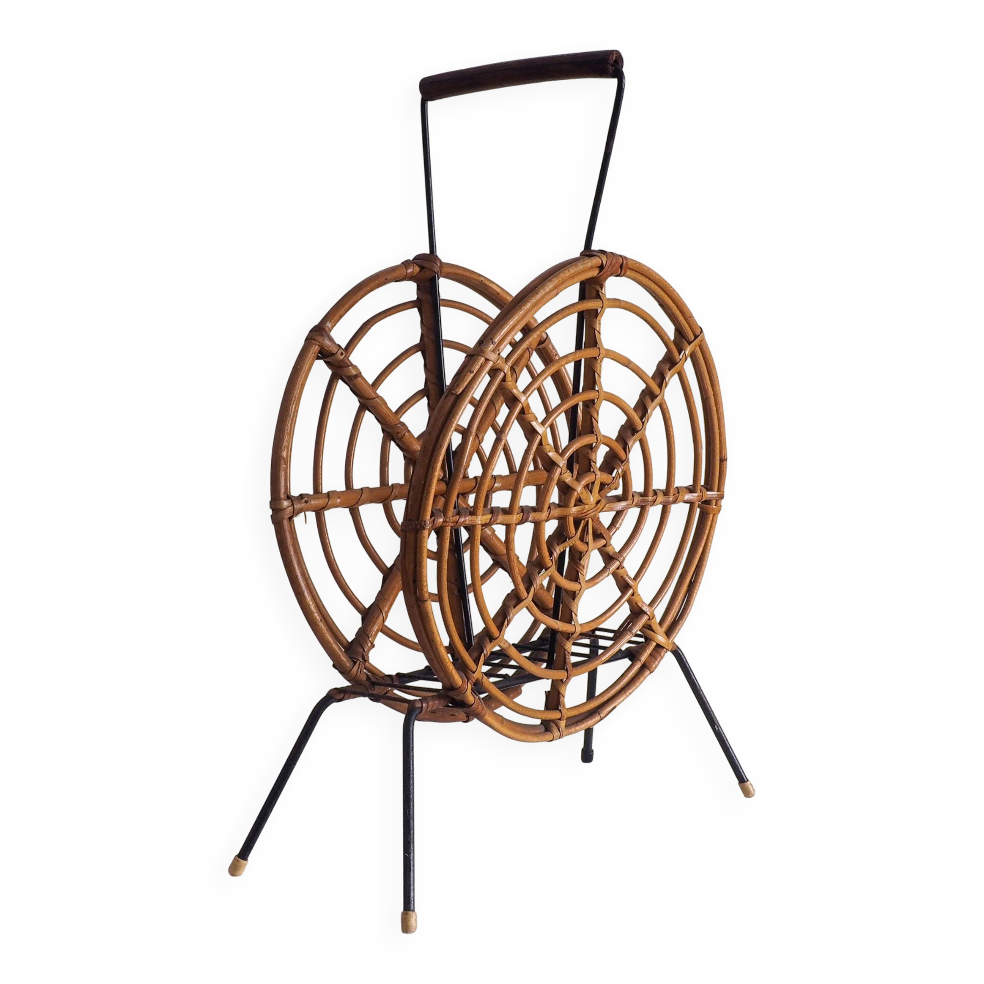 Mid-century round rattan magazine holder