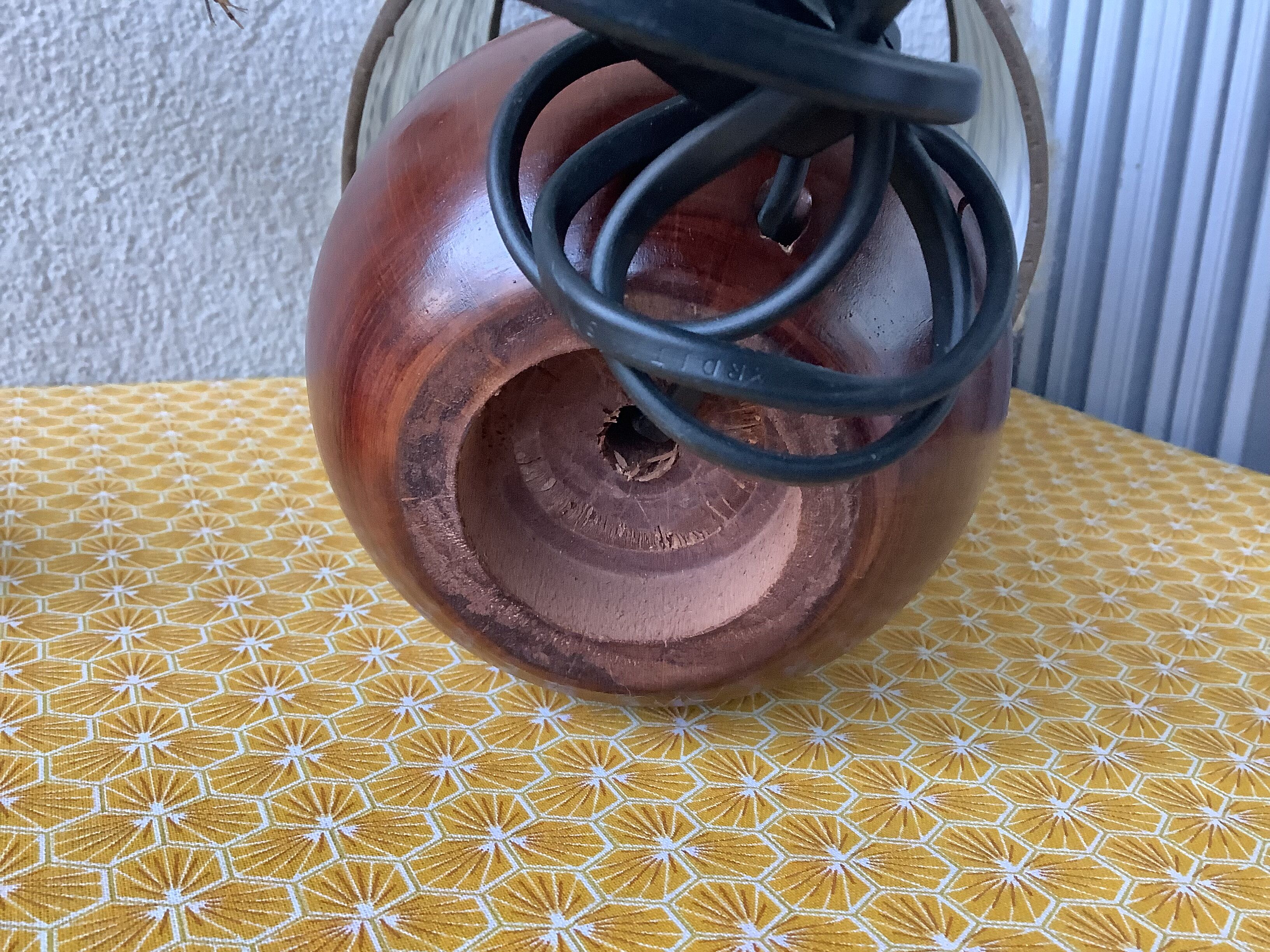 Seventies wood lamp and hippy chic wool lampshade
