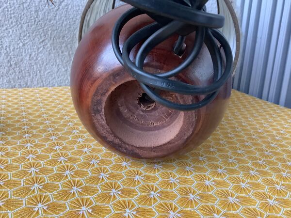 Lampe seventies bois et abat jour laine hippy chic