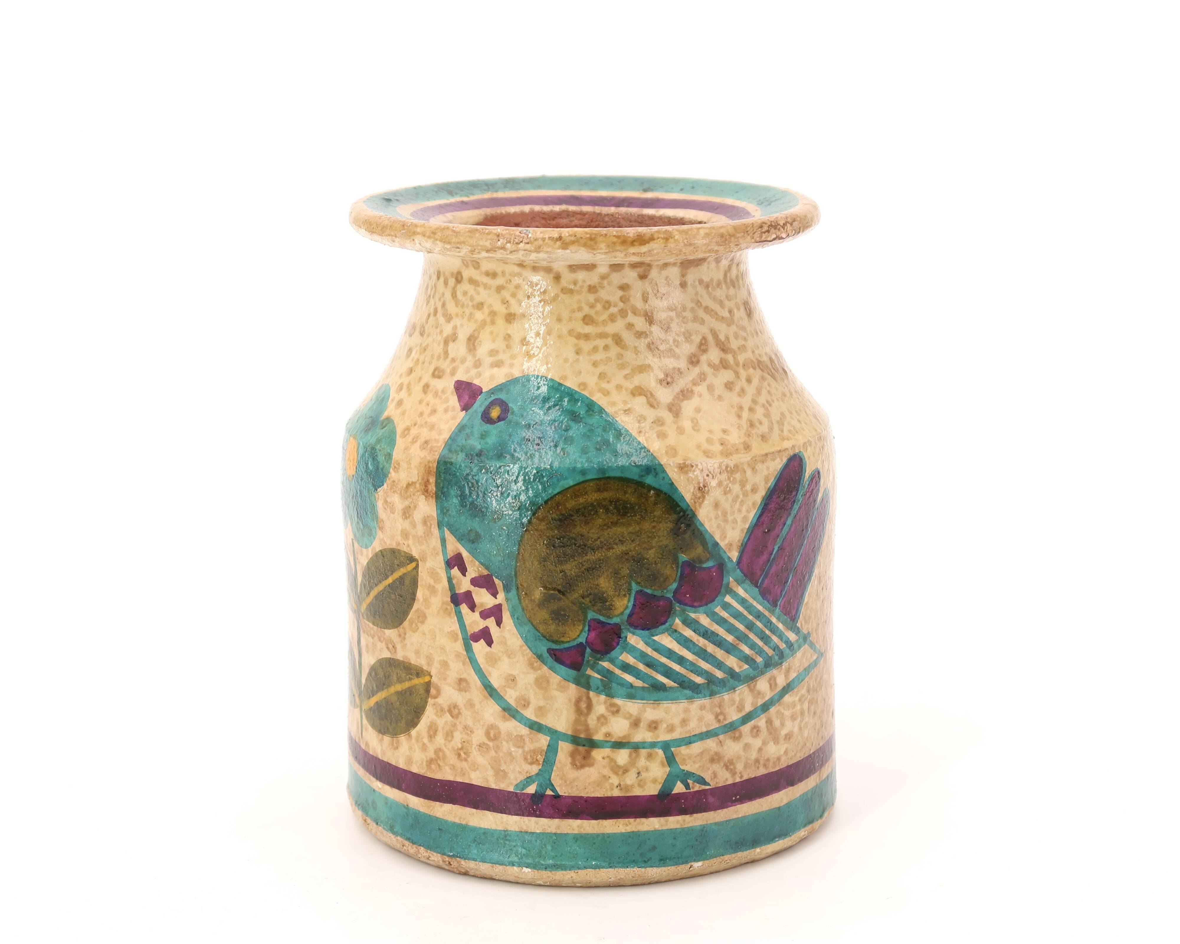 Vase Carmo Saude en céramique décor oiseaux et fleurs, années 70