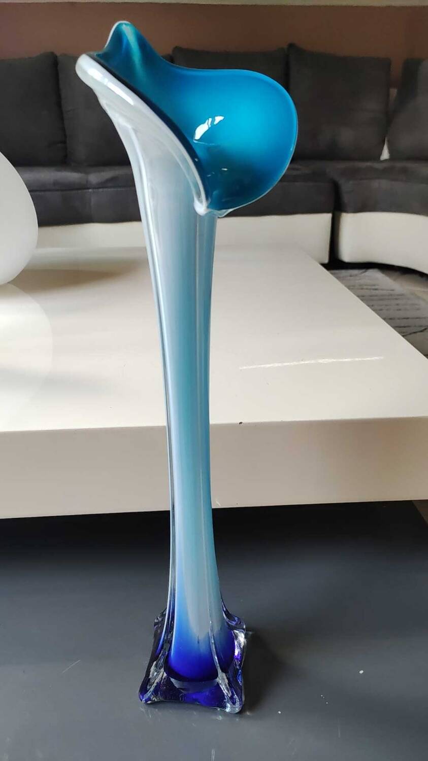 Murano Calla Vase. Floral form of Arum Flower. Blue tones. High 41 cm