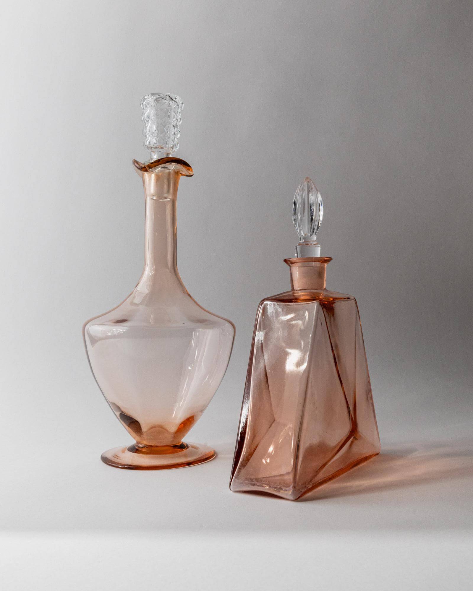 Ensemble de 2 carafes vintage en verre de Murano des années 1940, verre Rosalin avec bouchons