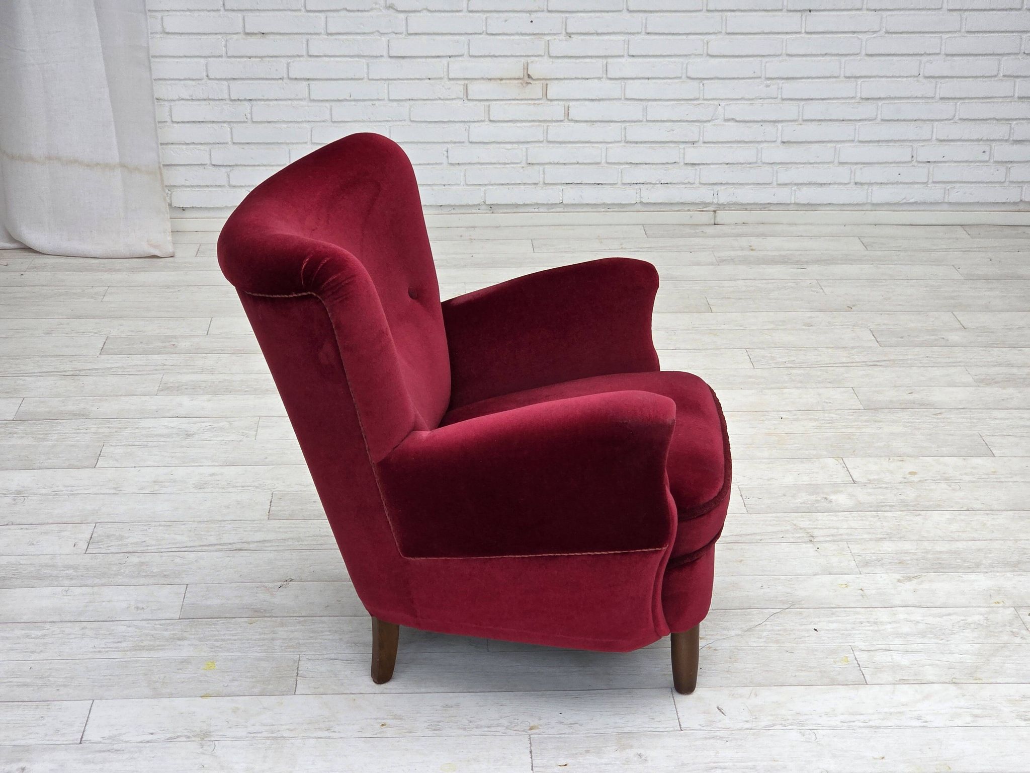 1960s, Danish armchair, cherry-red furniture velour, beech wood legs.