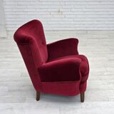 1960s, Danish armchair, cherry-red furniture velour, beech wood legs.