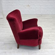 1960s, Danish armchair, cherry-red furniture velour, beech wood legs.