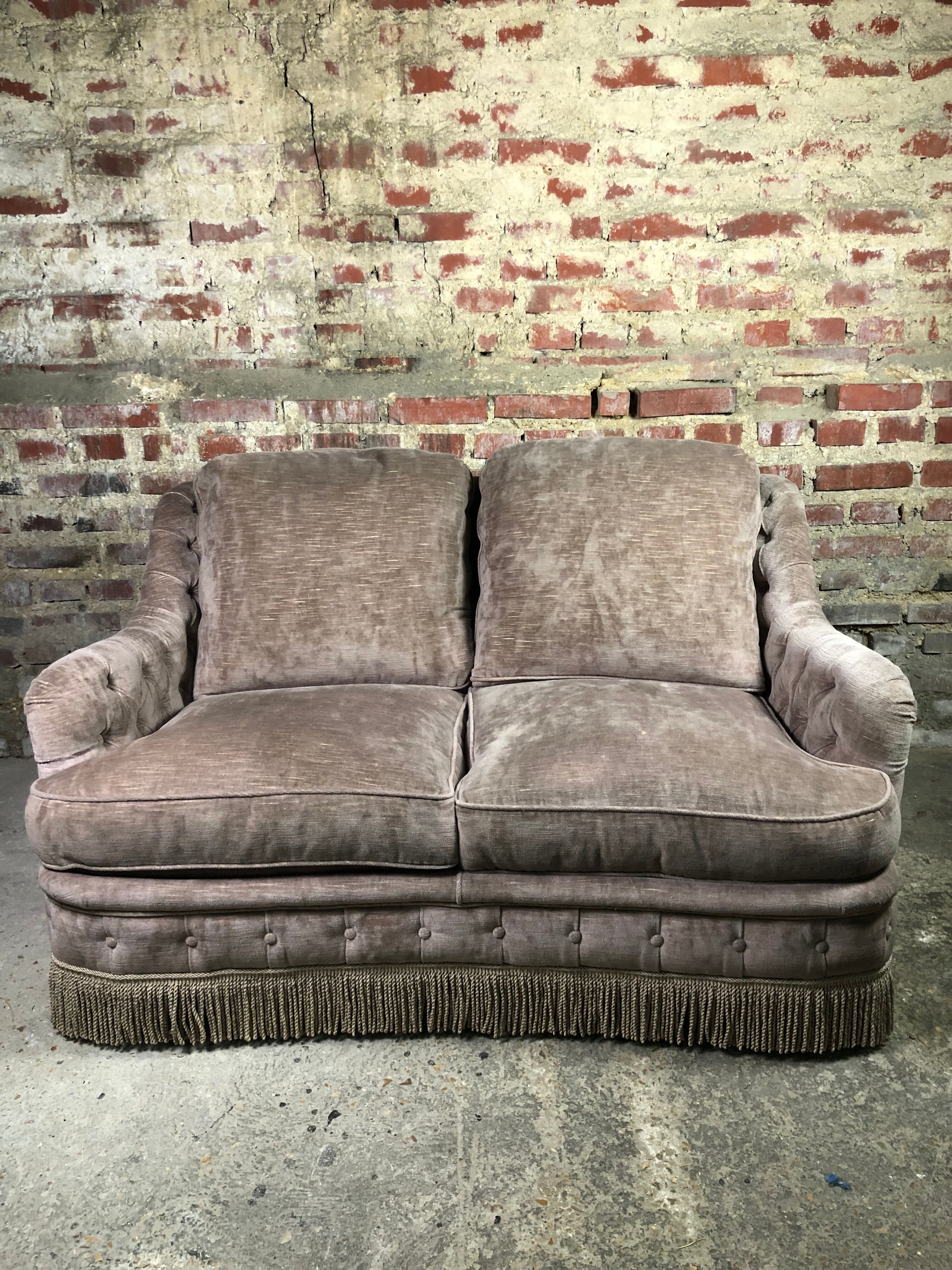 vintage velvet taupe sofa 70's style