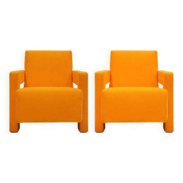 20th Century Thomas Rietveld Orange Wool Fabric Pair Of Utrecht Armchairs 1