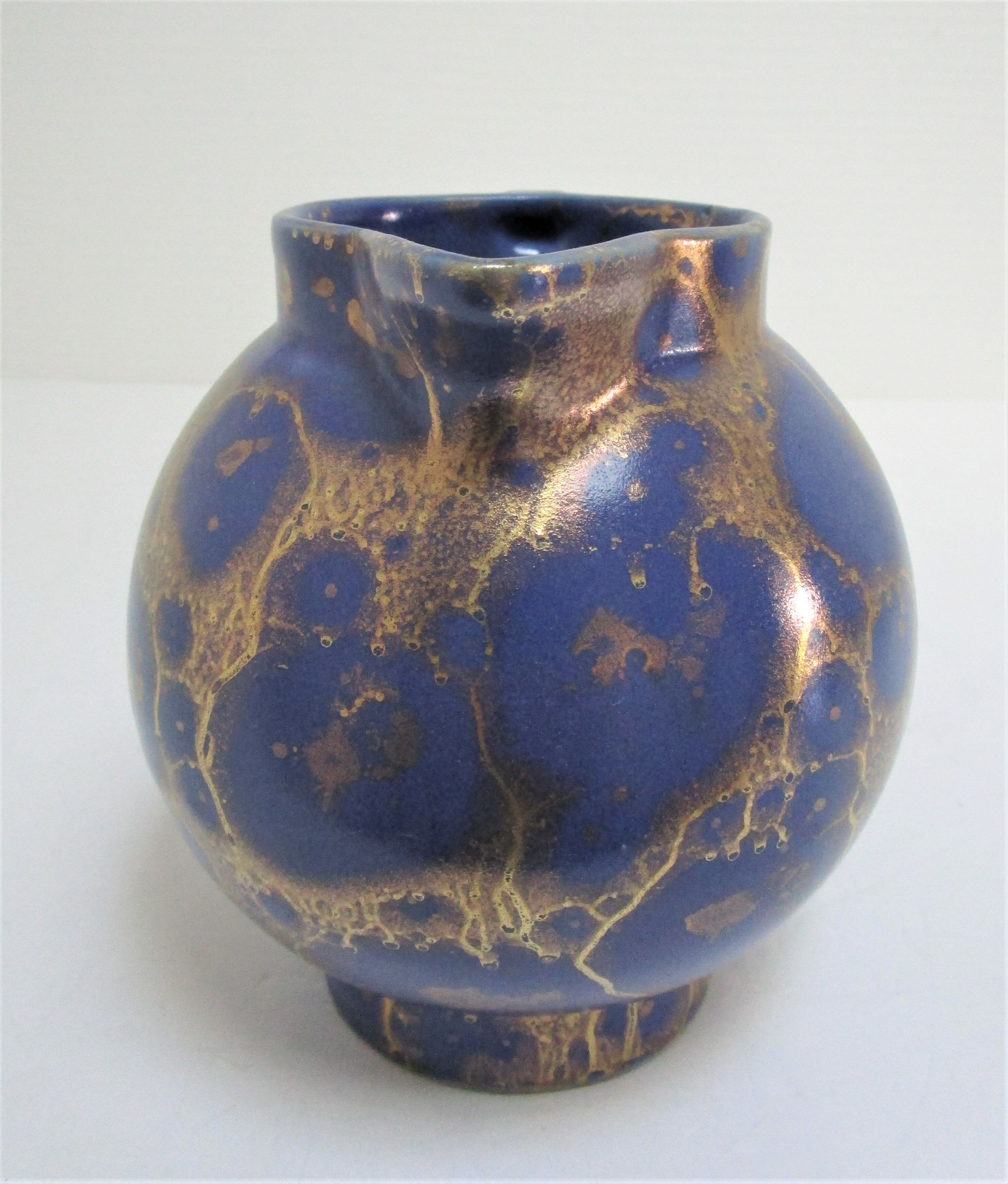 Art Deco ceramic pitcher enamel blue and gold by Lucien Brisdoux 1930s