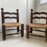 Pair of low oak and straw chairs