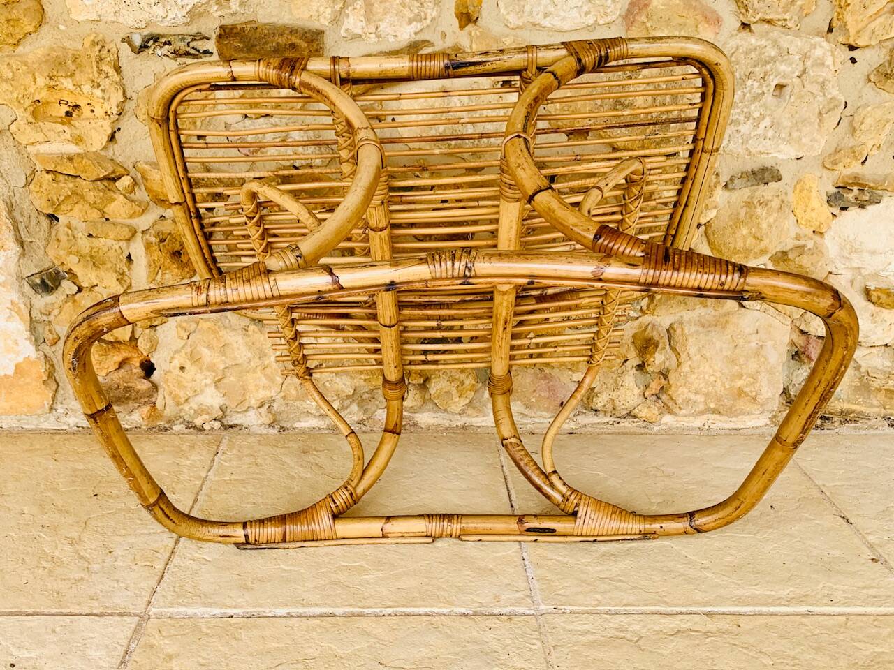 Table basse vintage en bambou et rotin dans le goût de Tito Agnoli, circa 1960