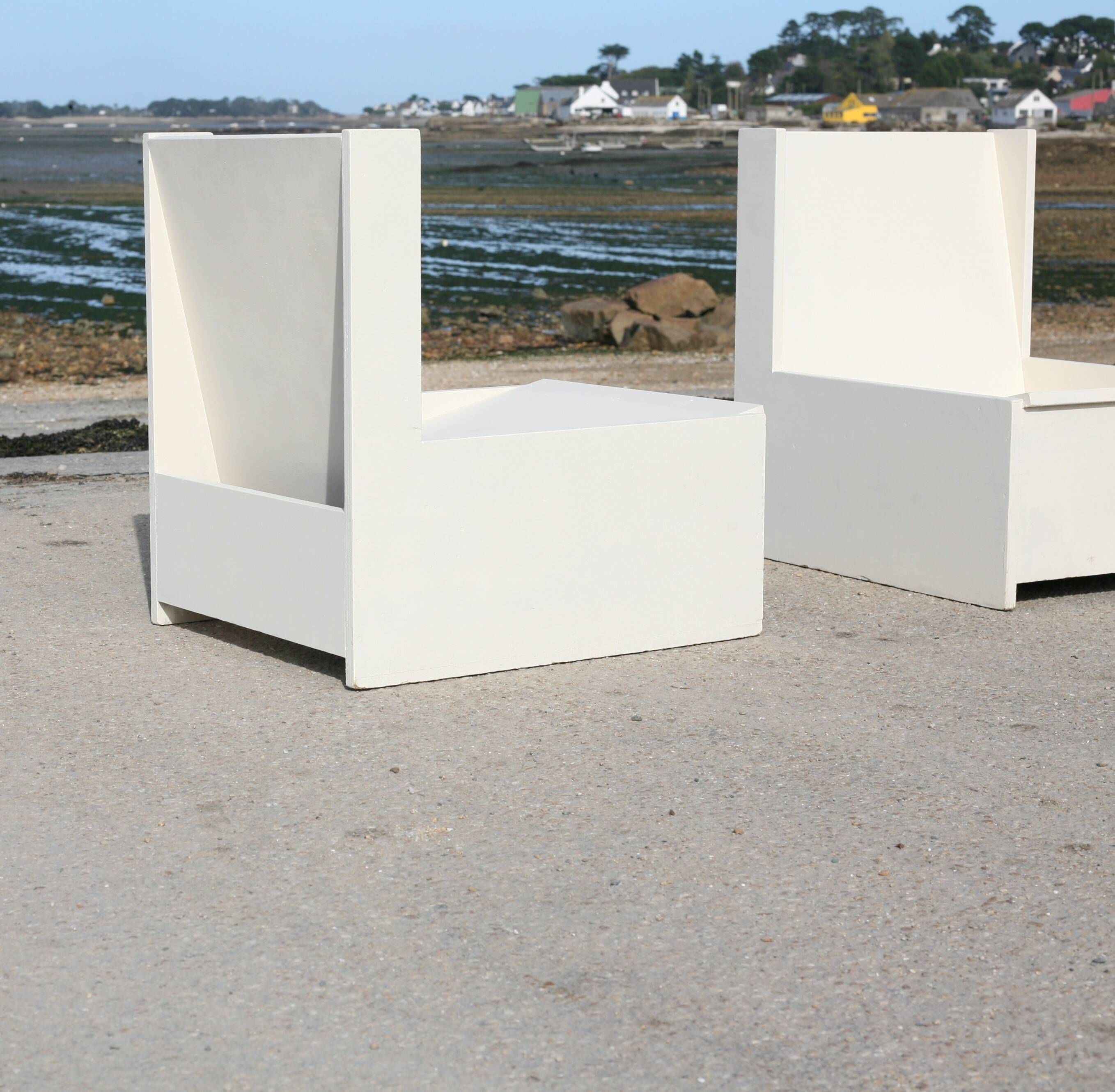 set de 3 fauteuils brutalistes, boit peint, années 60