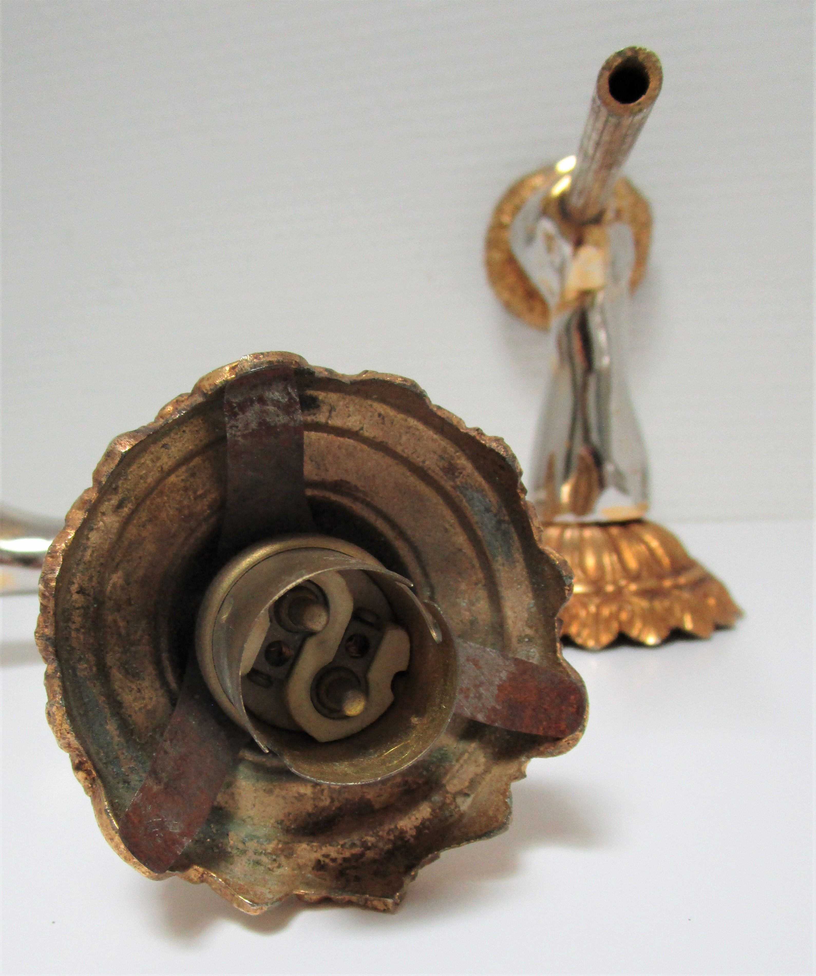 Pair of vintage patinated golden metal hand sconces