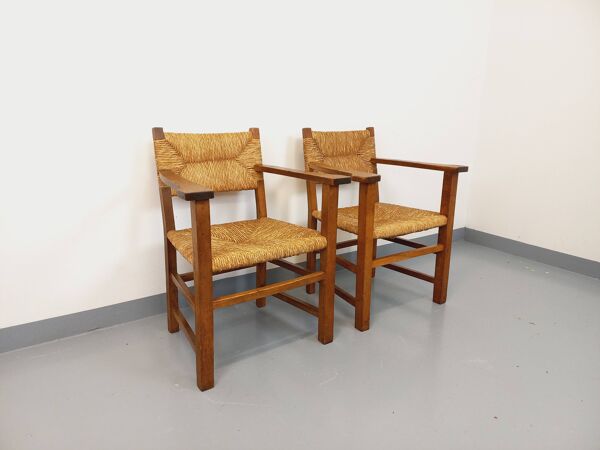 Suite de 2 fauteuils brutalistes vintage en bois de chêne et paille