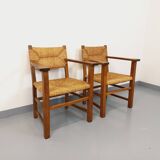 Set of 2 vintage brutalist armchairs in oak wood and straw