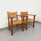 Suite de 2 fauteuils brutalistes vintage en bois de chêne et paille