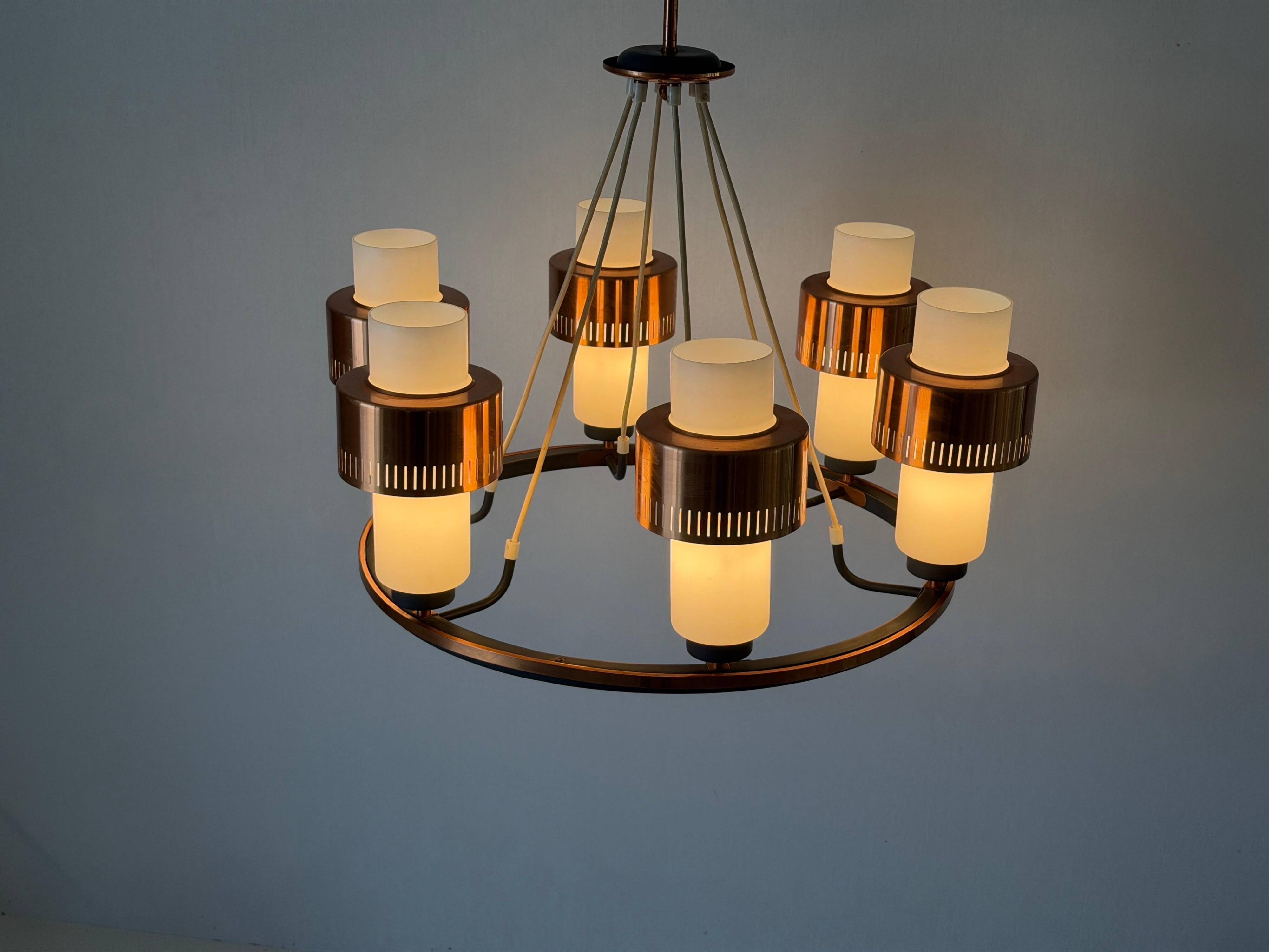 Large ceiling light with 6 arms in copper metal and glass, 1960s, Germany