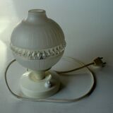 1970s bedside lamp with lampshade made of glass and plastic stand, vintage