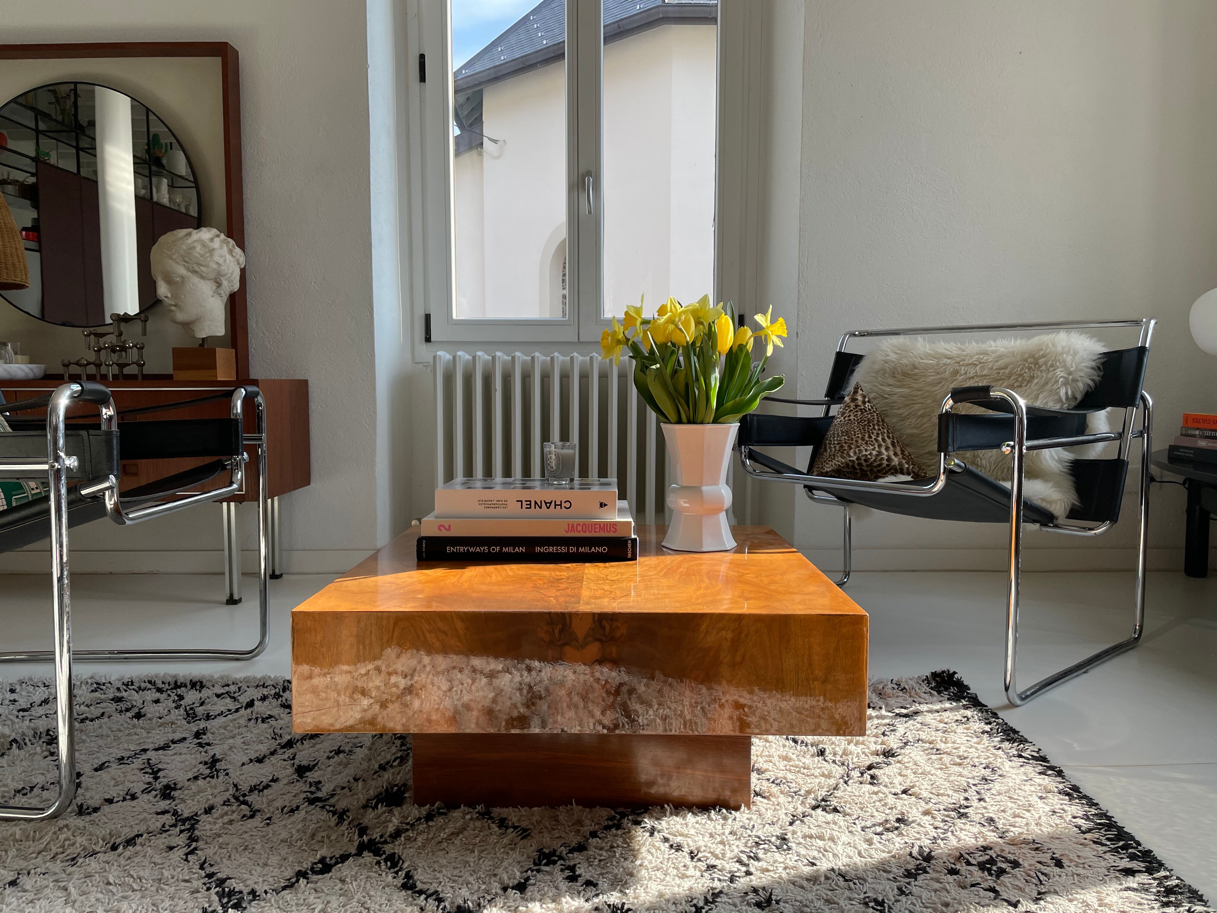 Square coffee table in elm magnifying glass 70s