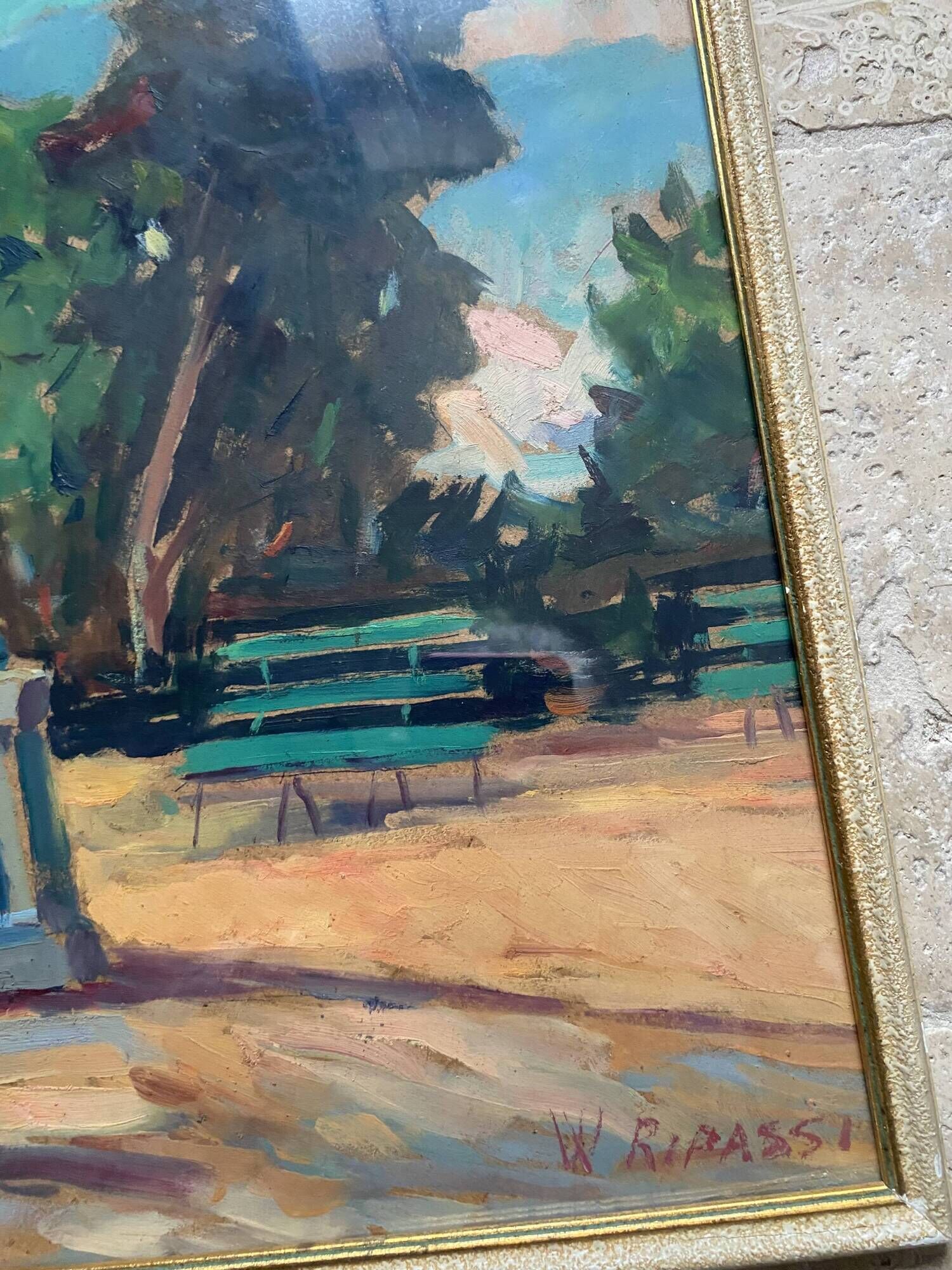 Oil painting "public garden" under glass, 1960s-70s
