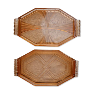 Set of two orange glass trays