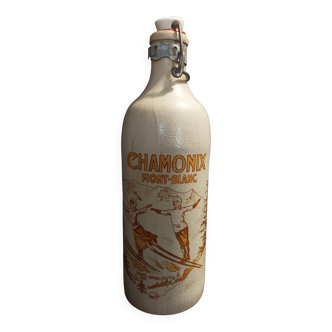 20th century glazed stoneware bottle marked Chamonix Mont-Blanc skiers