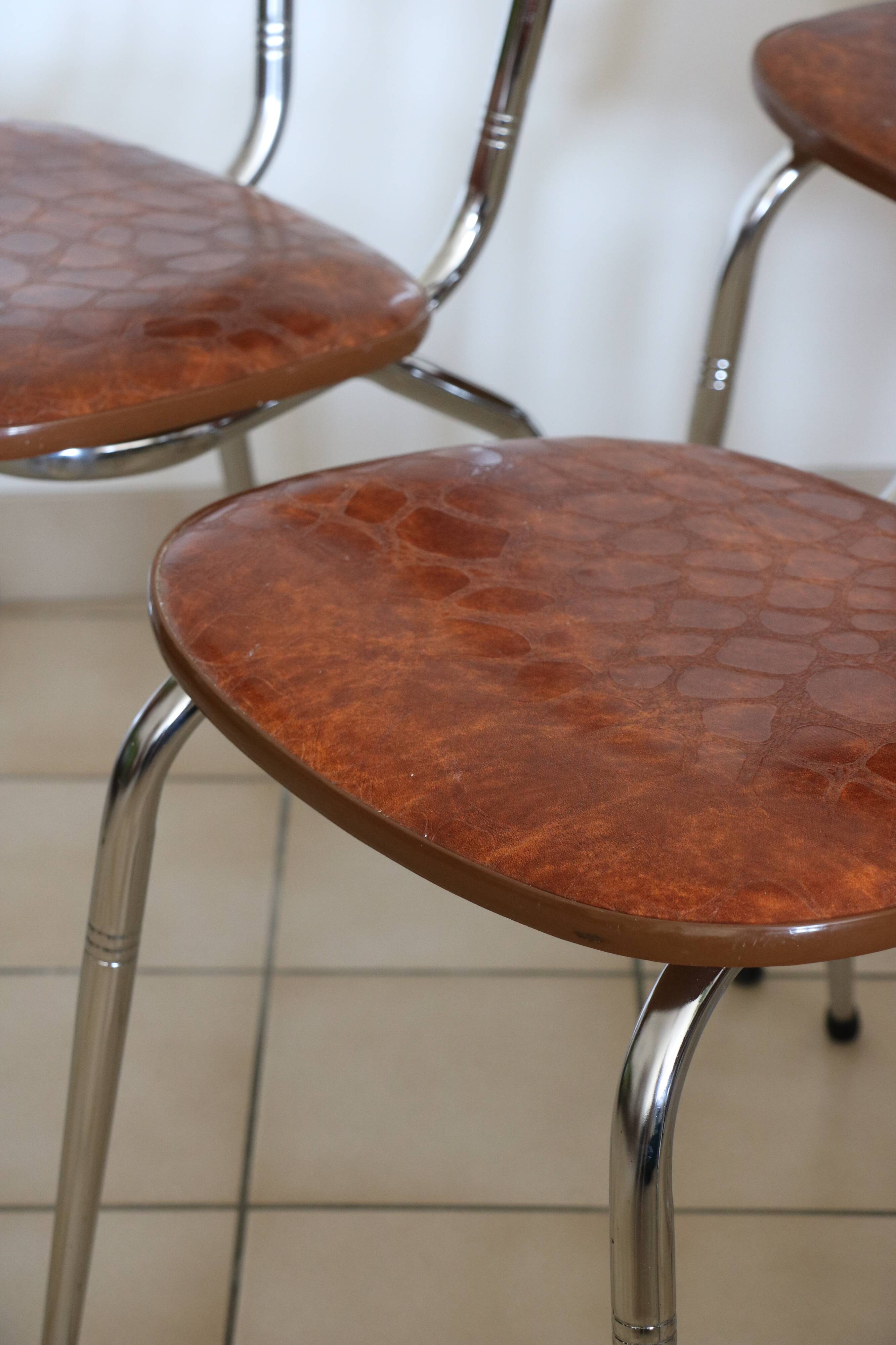 6 brown skai and chrome steel chairs
