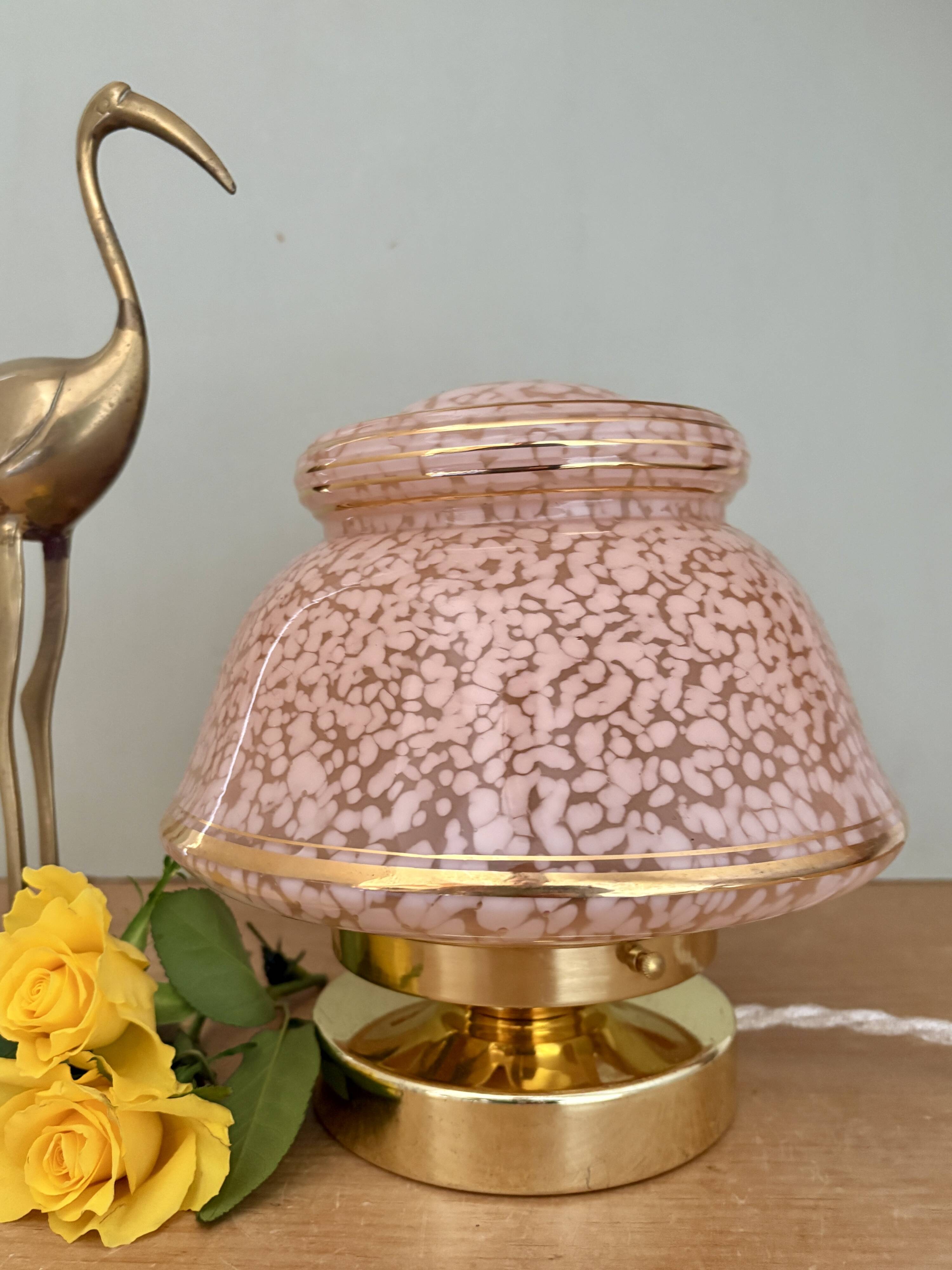 Antique art deco globe table lamp in pink and gold Clichy glass