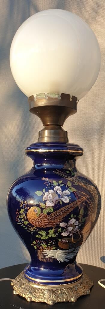 Ceramic lamp birds lyres on midnight blue background Napoleon III