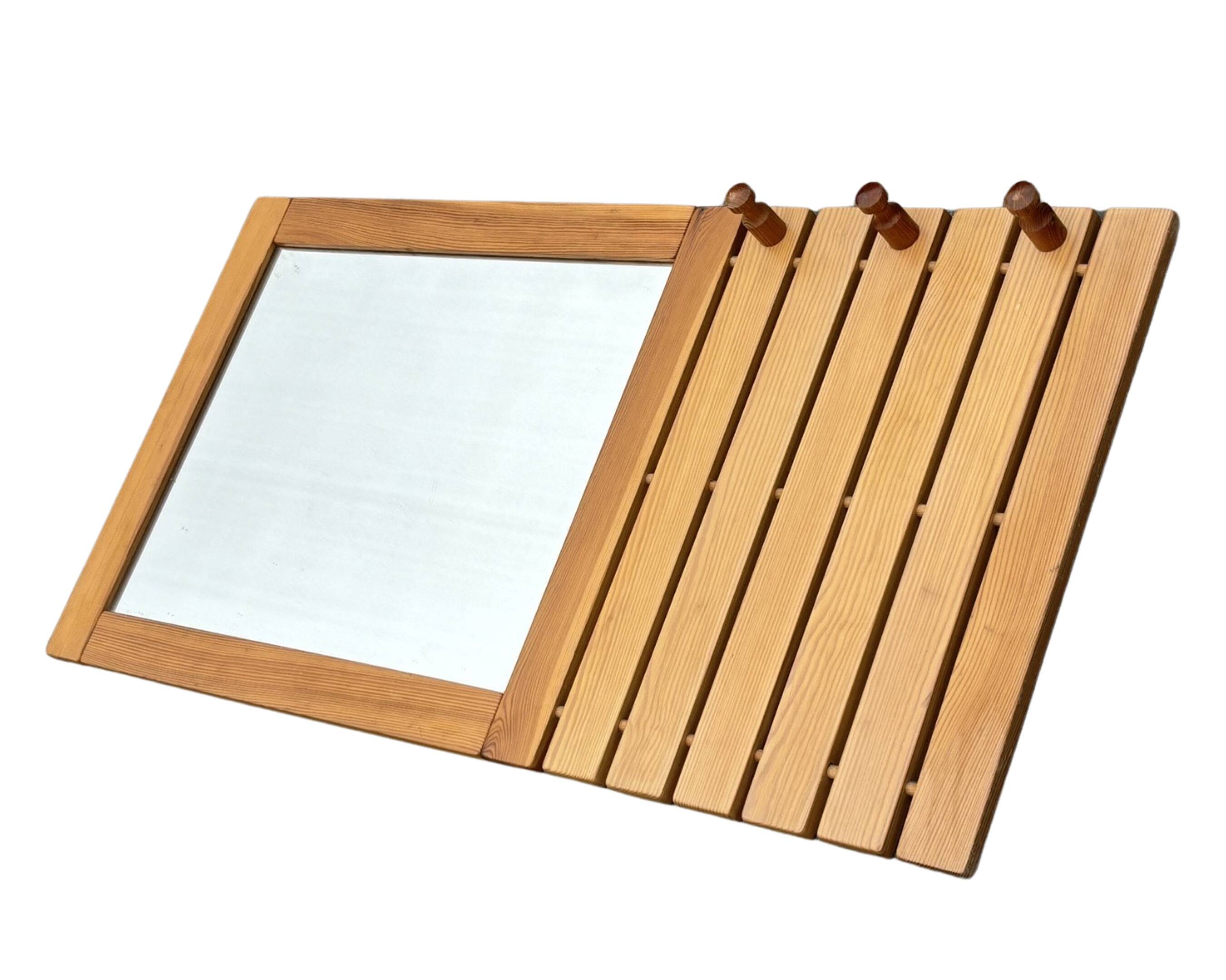 Vintage Pine Pinewood coat rack with mirror - 1970s design