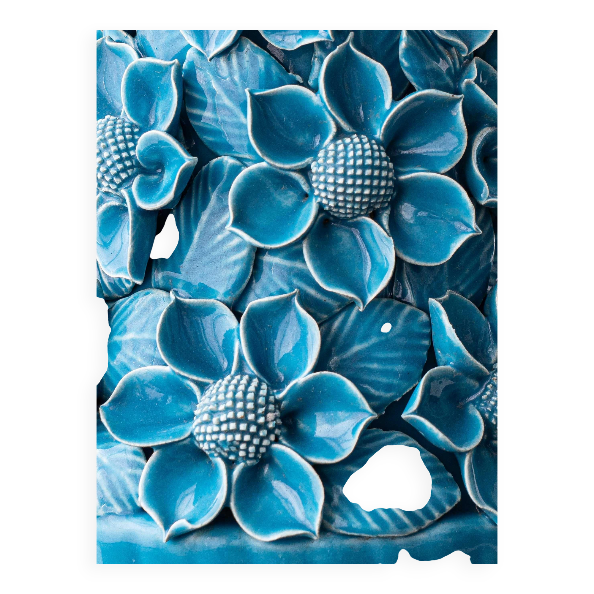 Turquoise glazed ceramic floral table lamp from Manises mid-century, with a new silk shade.