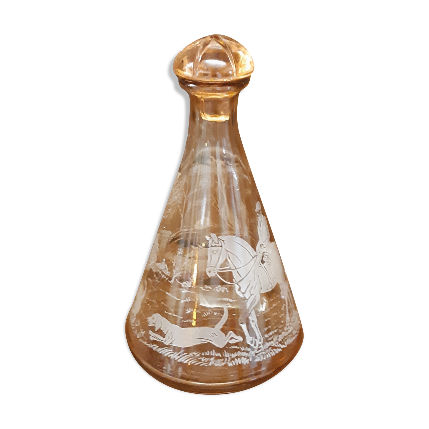 Moulded blown glass decanter with equestrian fox hunting décor, belle époque