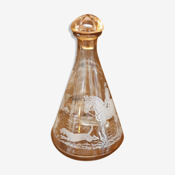 Moulded blown glass decanter with equestrian fox hunting décor, belle époque