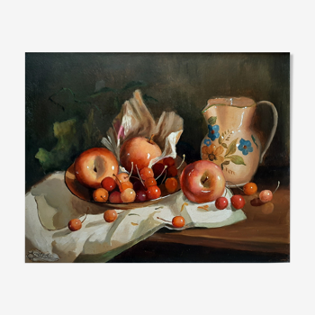 Table Oil Still Life Fruits Cherries Apples and Jug signed***framed***