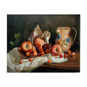 Table Oil Still Life Fruits Cherries Apples and Jug signed***framed***
