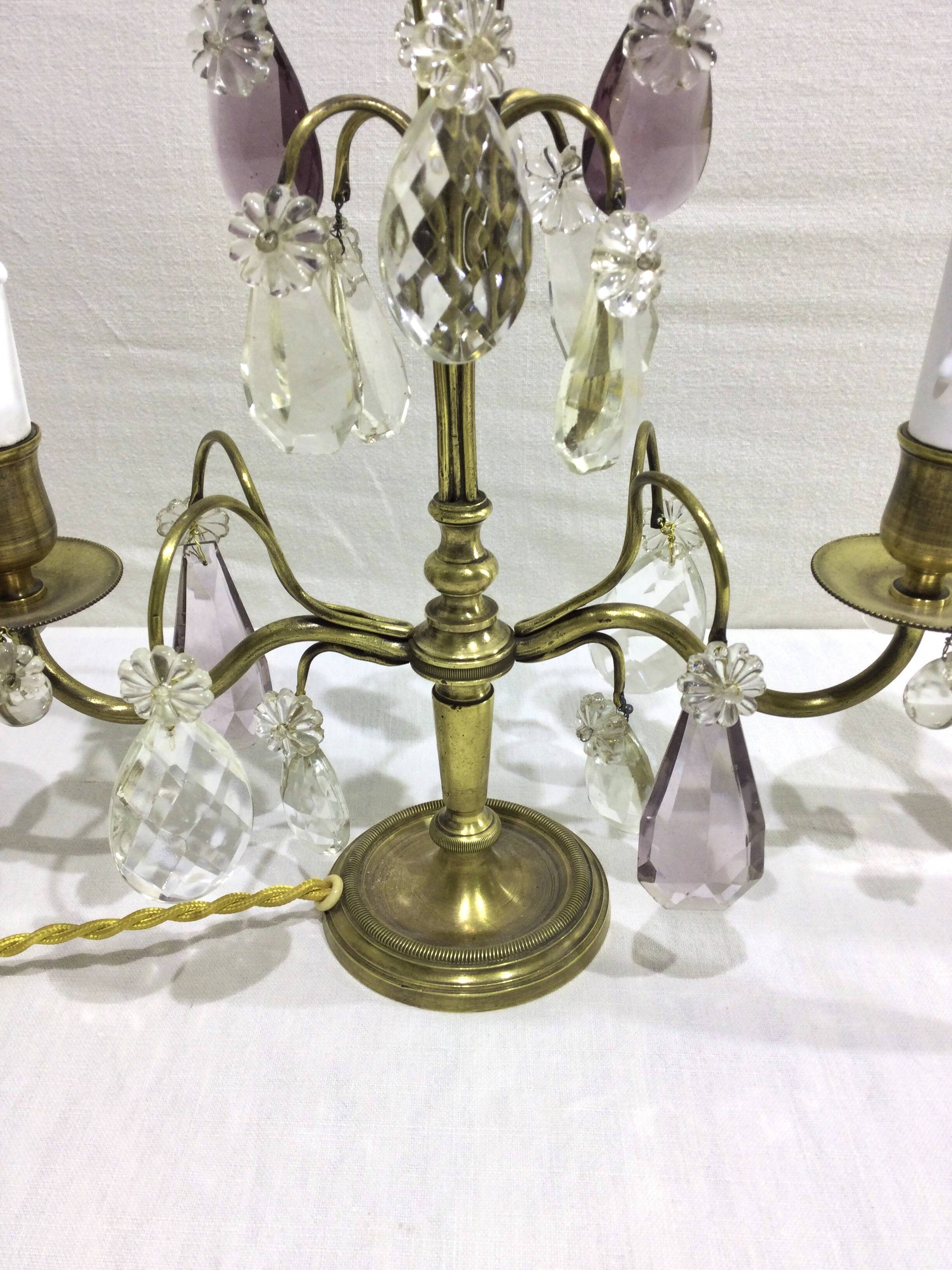 Pair of girandole lamps in bronze and crystal