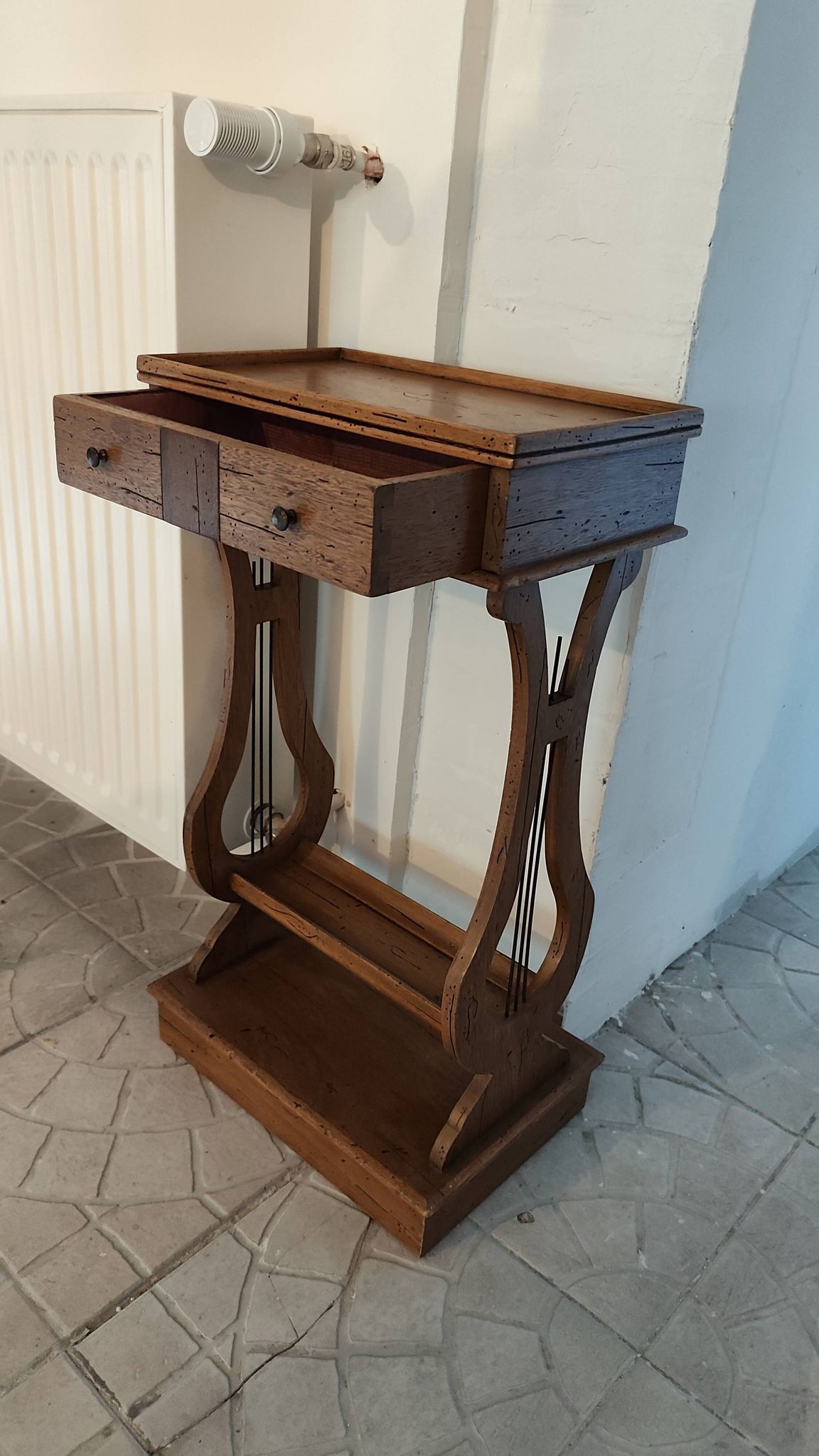 Lyre bedside table, cherry wood, 1960s.