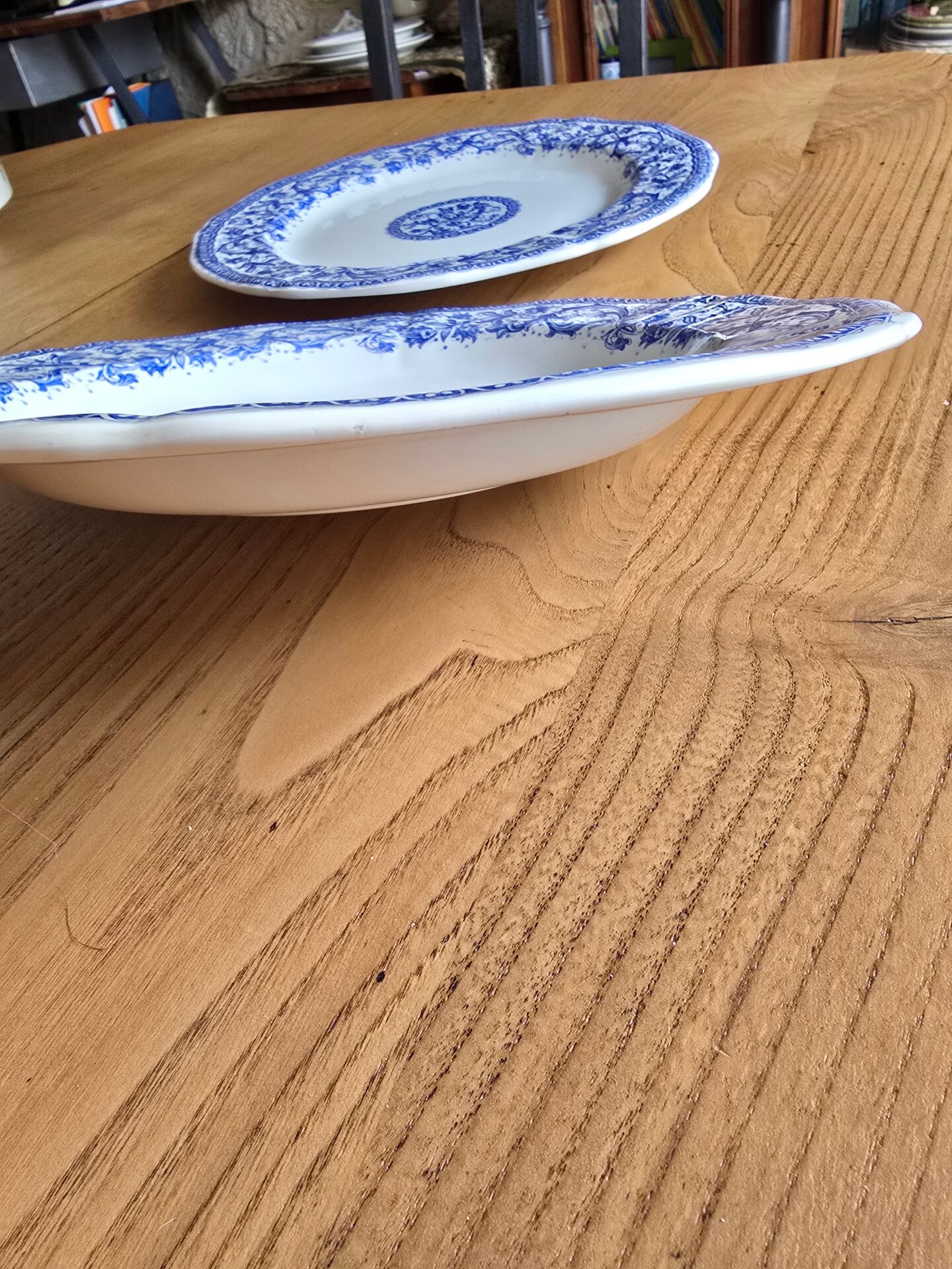 Gien service plates with blue patterns in perfect condition.