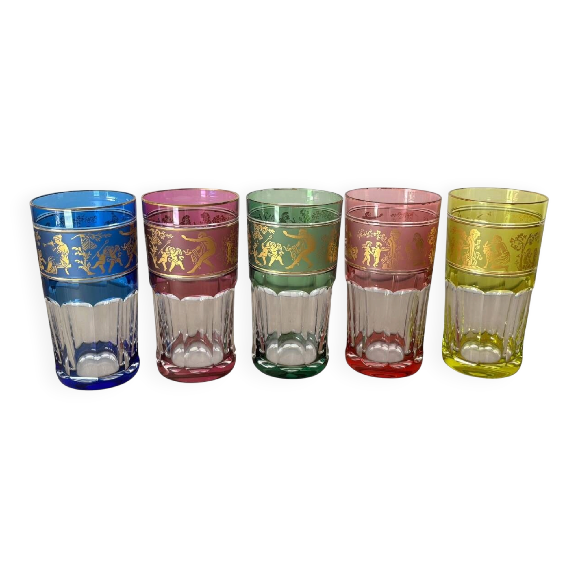 Set of 5 Val Saint Lambert Crystal Glasses Renaissance Style H14cm