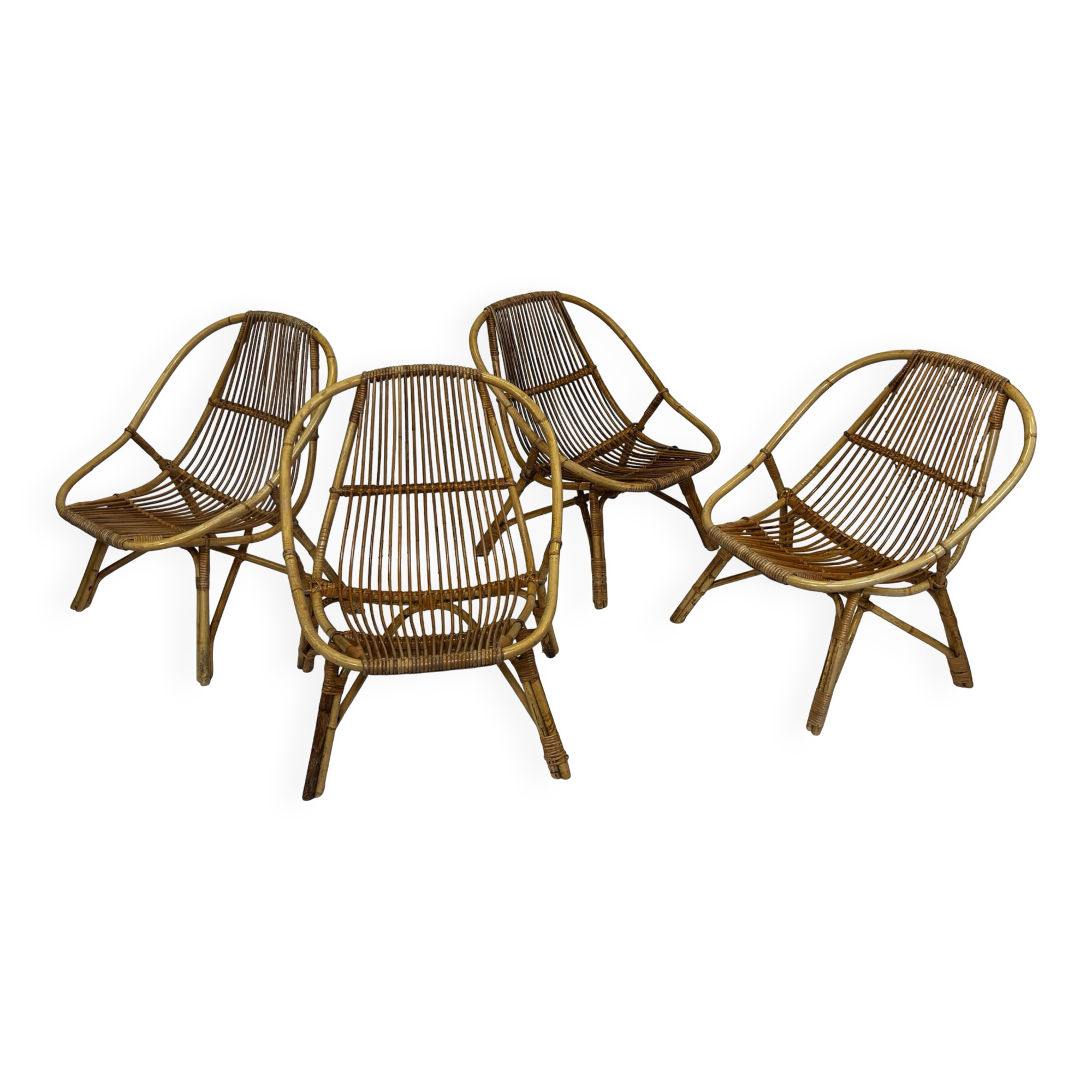 Ensemble vintage de 4 fauteuils club en rotin Rohe Noordwolde 1960