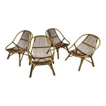Ensemble vintage de 4 fauteuils club en rotin Rohe Noordwolde 1960