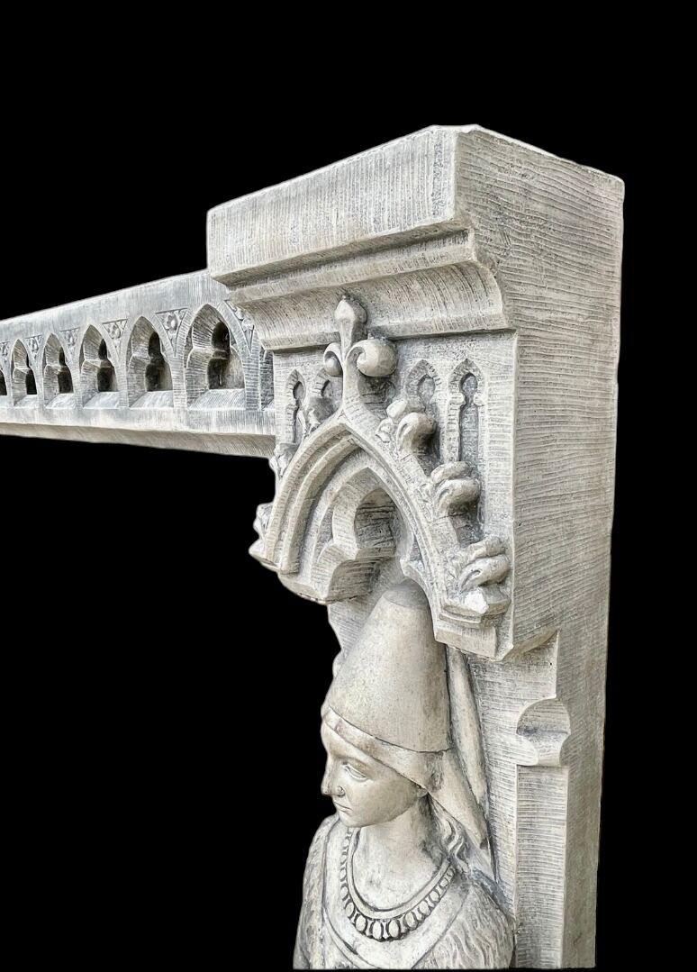 Neo-Gothic stone fireplace