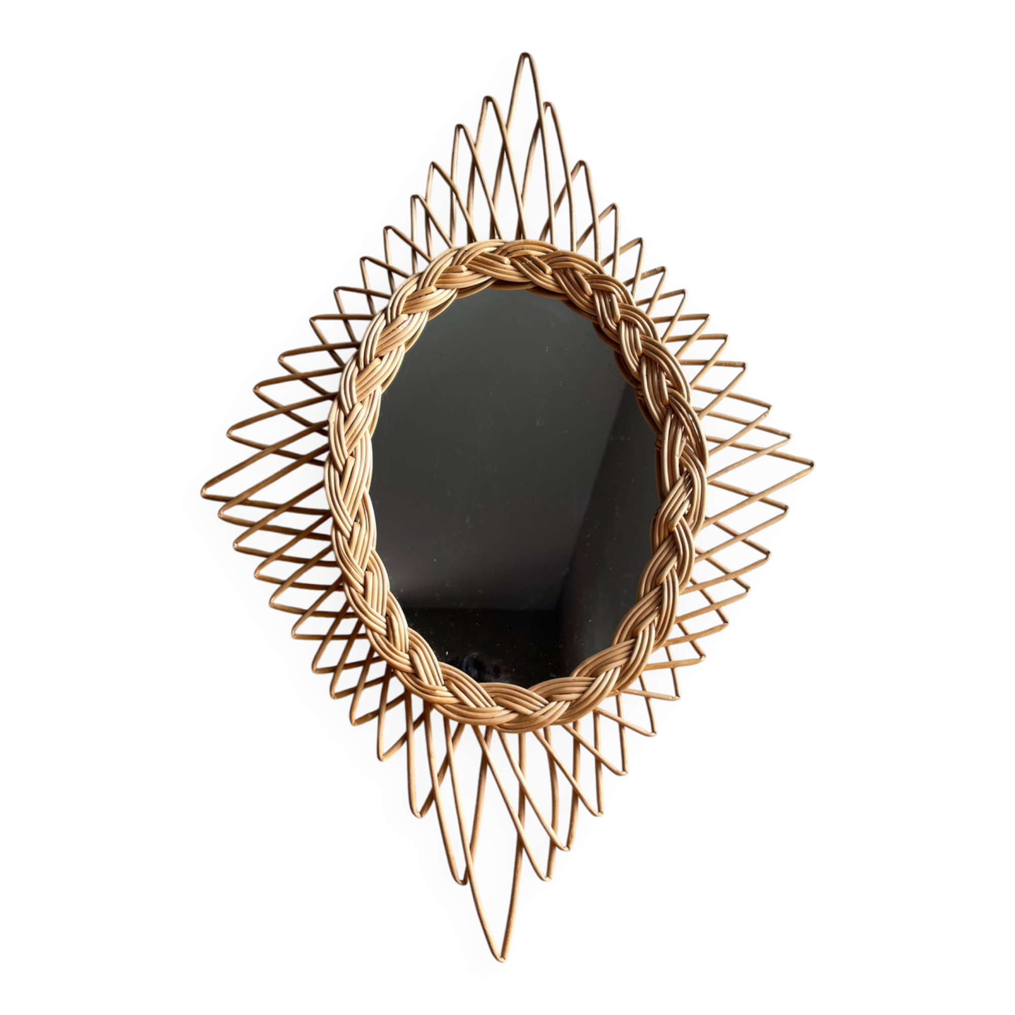 Vintage rattan mirror in star/diamond shape