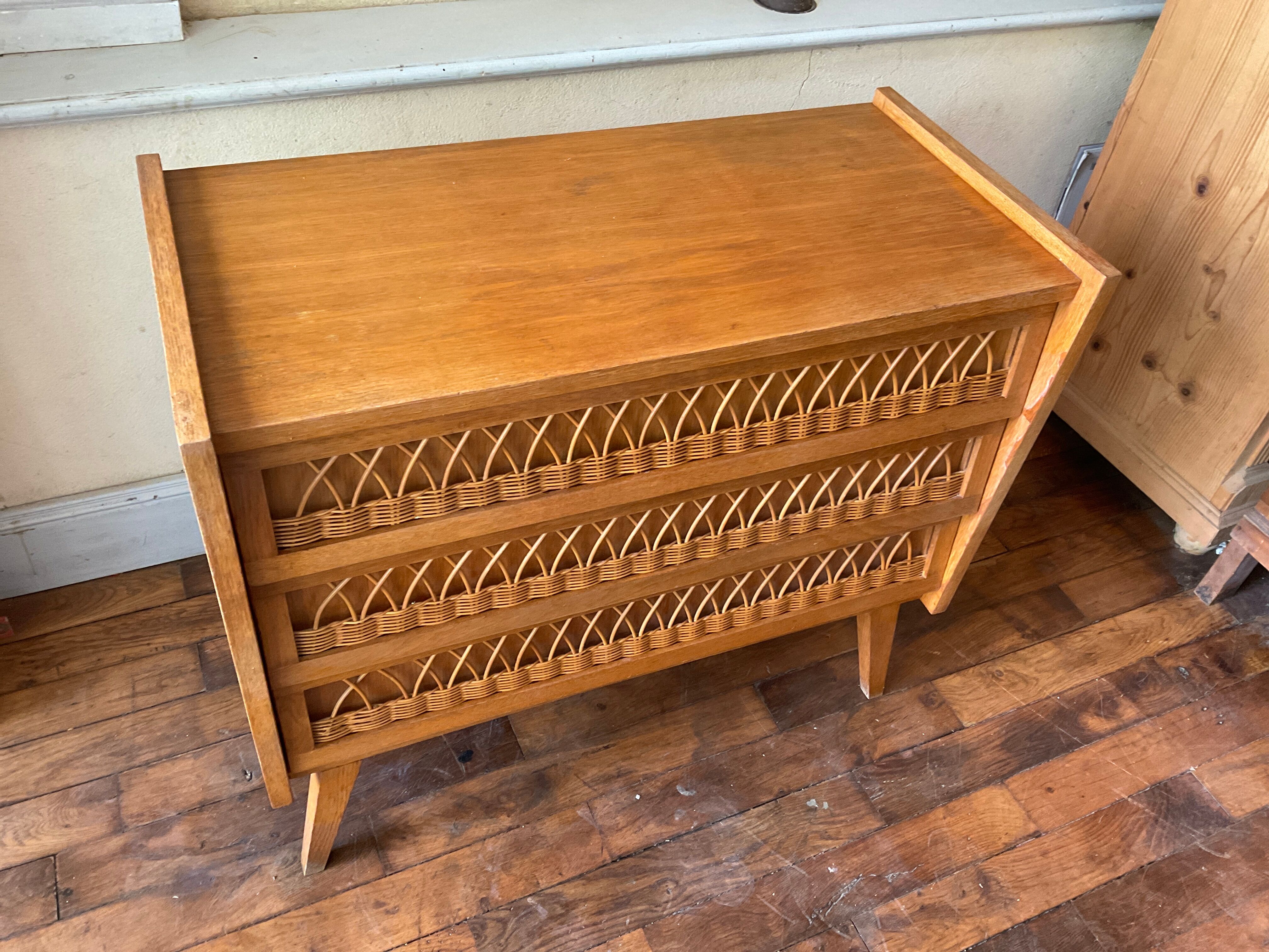 Vintage chest of drawers wood and rattan 1950