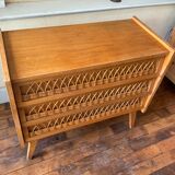 Vintage chest of drawers wood and rattan 1950